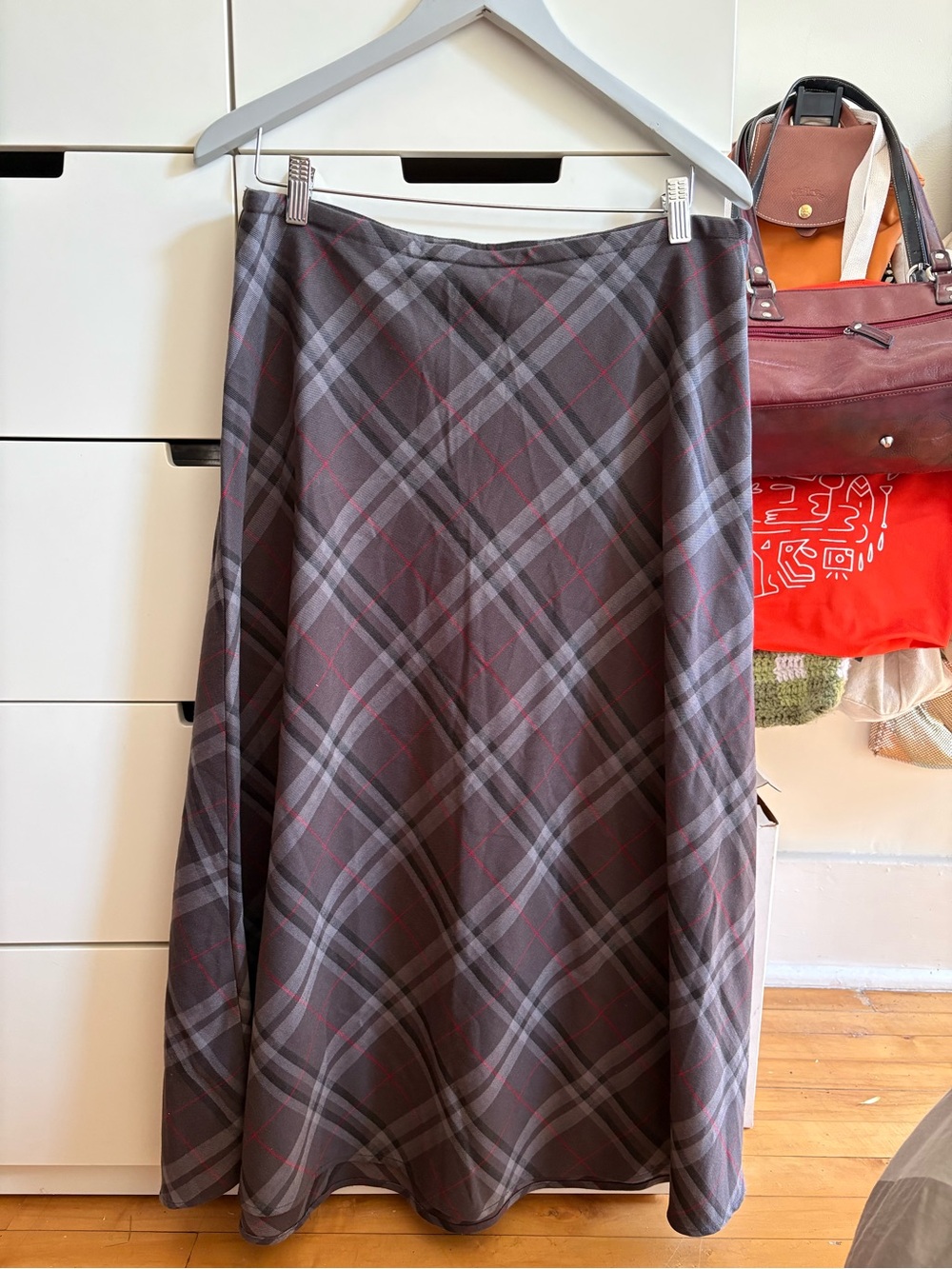 Classic Plaid A-Line Maxi Skirt in Charcoal and Red